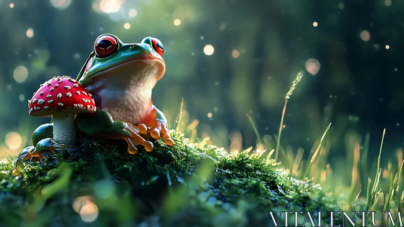 Forest frog daydream beside a tiny red toadstool friend.