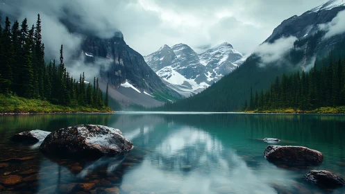 Mountain lake reflects snowy peaks and dense evergreen forest