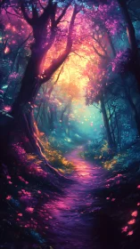 Neon forest pathway with bioluminescent trees and glowing ground