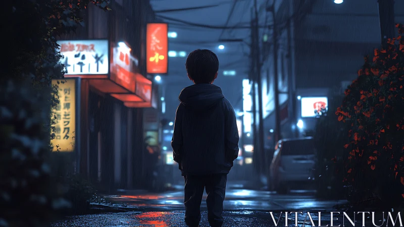 Rainlit alley boy beneath neon whispers and quiet thunder.