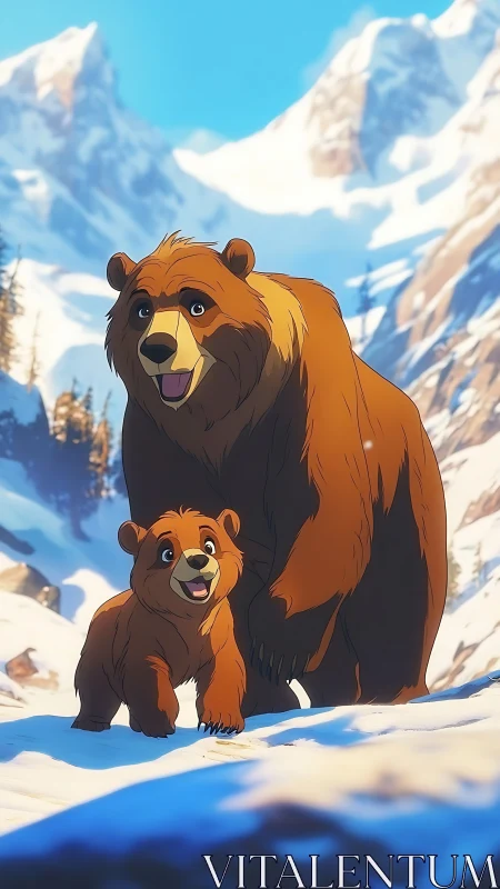 Cartoon brown bear and cub walking in snowy mountains.