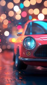 Neon raindrops crown a crimson city cruiser in motion