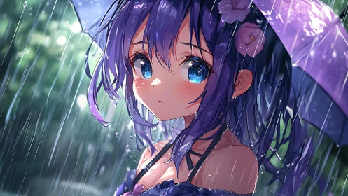 Anime rain portrait with violet umbrella and floral accents.