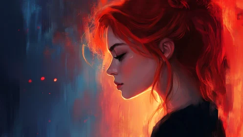 Profile portrait of red-haired figure against contrasting light