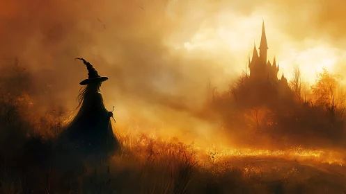 Silhouetted witch figure observing distant castle at dusk.