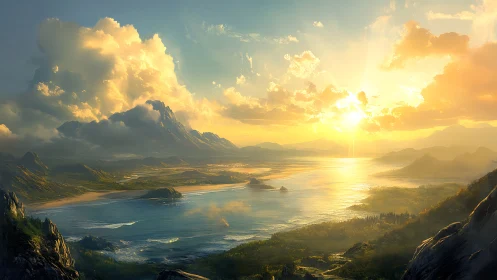 Radiant sunrise spills over tranquil fantasy coastline.