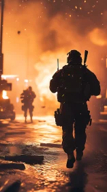 Soldier silhouette advancing through urban firestorm at night.