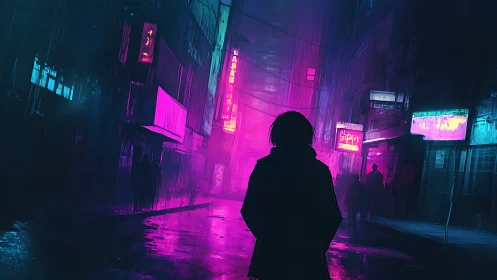 Silhouetted figure stands in neon‑lit urban alleyway at night