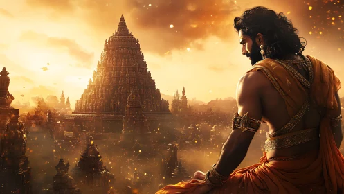 Mythic warrior surveying golden mandala temple metropolis.