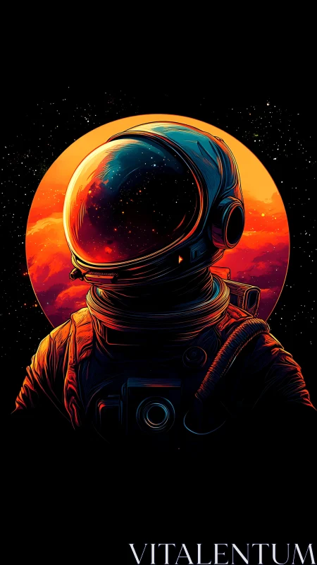 Neon space explorer silhouette before blazing red sun.