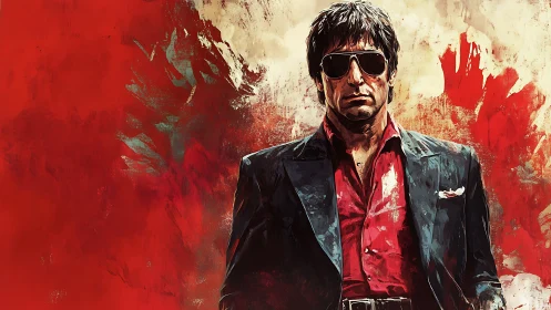 Man in suit and sunglasses before abstract red backdrop.