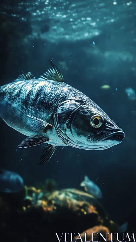 Solitary silver fish in deep blue aquatic environment.