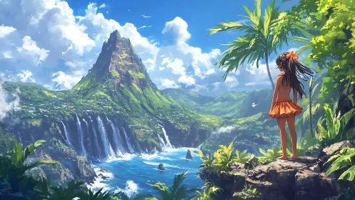Girl in orange dress overlooks lush tropical waterfall valley