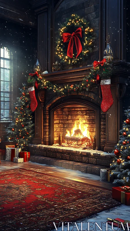 Festive hearth interior renders detailed holiday fireplace scene
