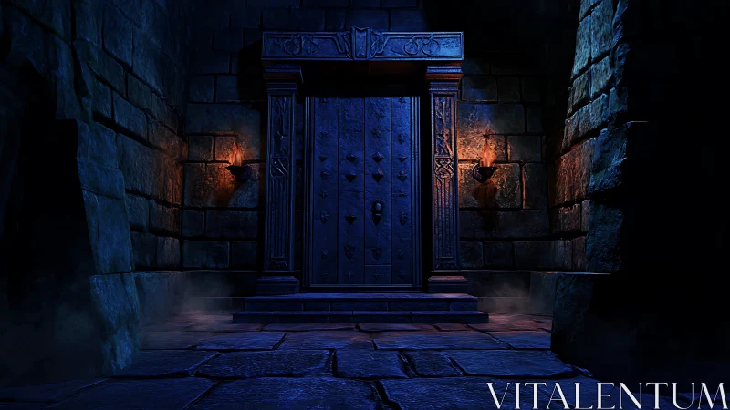 Ancient stone vault door glows under dramatic torchlit shadows