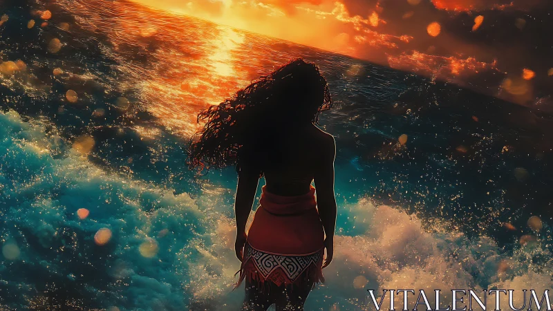 Sunlit shoreline dreams with a brave girl and wild waves.