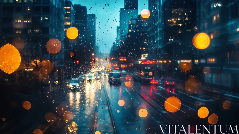 Rain-covered glass overlooks illuminated urban traffic lanes