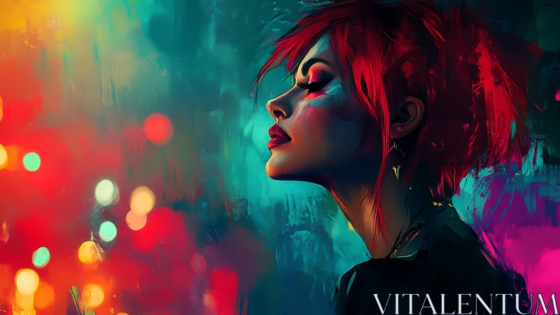 Neon hush around a red haired dreamer in city glow.