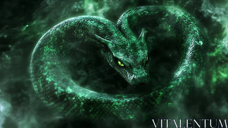 Emerald serpent guardian coils in swirling green mist