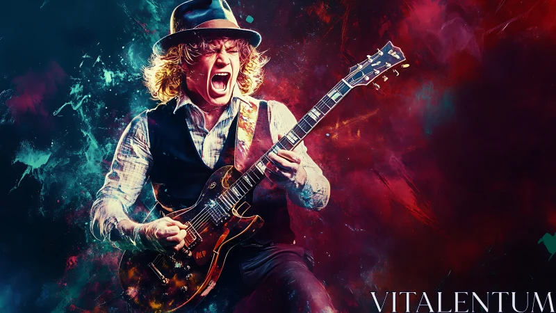 Digital painting of rock guitarist in explosive neon motion.