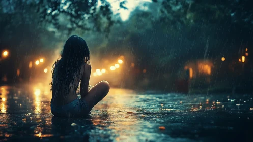Solitary girl embraces warm city lights in summer rain.