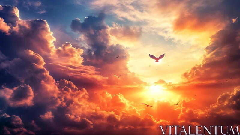 Backlit soaring bird against hyper-saturated sunset cumulonimbus