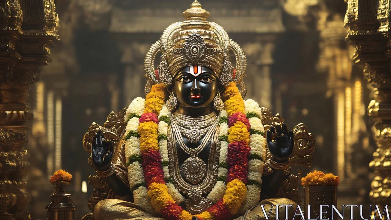 Radiant temple deity adorned with flowers and golden light.
