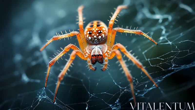 Jewel-backed spider poised on silver web in moody twilight.