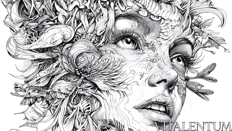 Surreal ink portrait merging human face with organic forms.