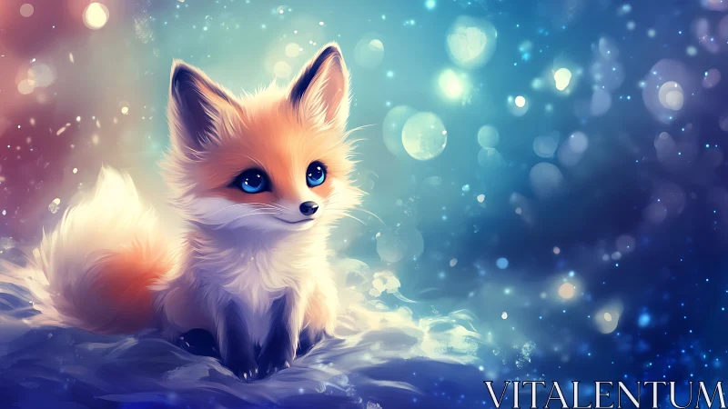 Young fox sits in glowing bokeh field under cool light