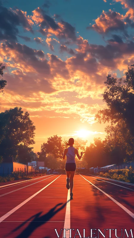 Runner strides toward a blazing sunset on glowing track