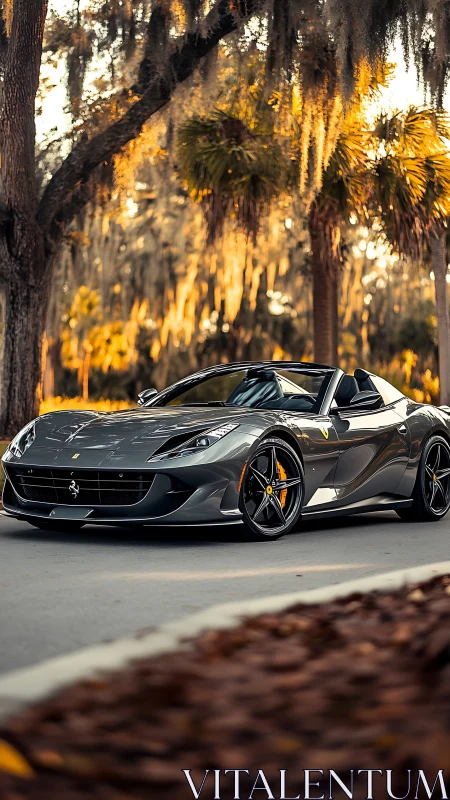Ferrari roadster captured in low-angle golden hour automotive study