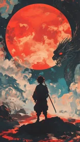 Swordsman faces dragon under a vast red moon sky.