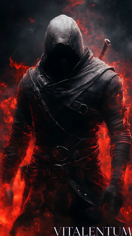 Hooded assassin strides through inferno of swirling embers.