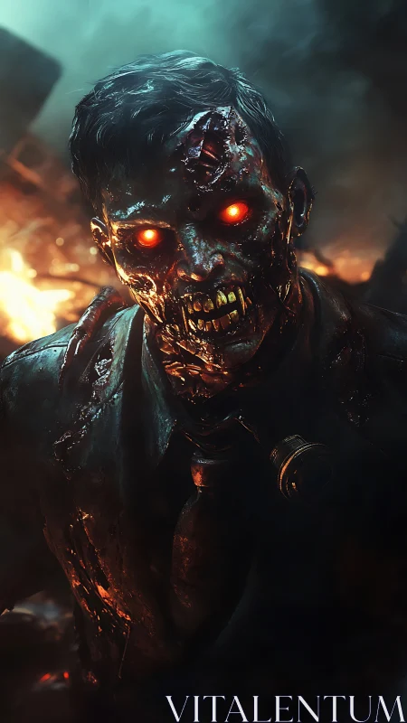 Flaming-eyed zombie strides through apocalyptic inferno.