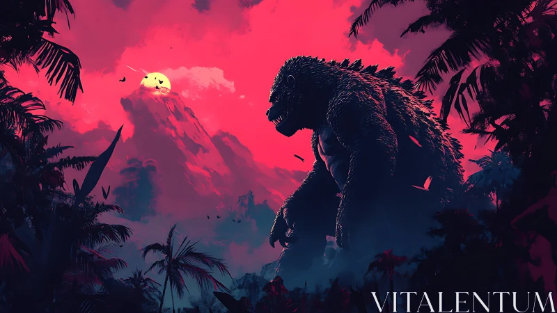 Colossal jungle kaiju under neon volcanic sunset sky.