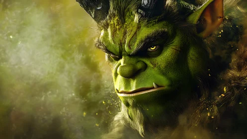 Cinematic 3D orc portrait with horned head, fur and foliage glow