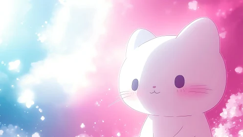 Soft white anime kitten smiles in dreamy pink blue glow
