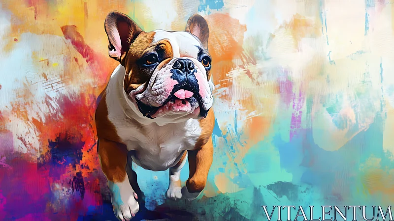 Playful bulldog strides through vivid abstract color field.
