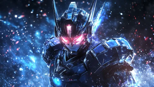Cybernetic mech warrior amid explosive cosmic energy.