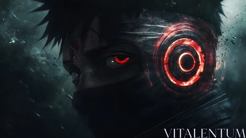 Masked cybernetic warrior stares forward with glowing red eye