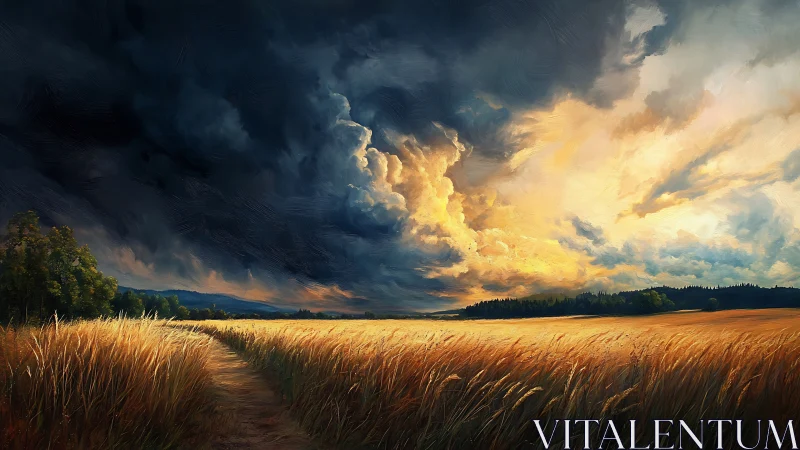 Storm-kissed wheat horizon under blazing evening sky drama.