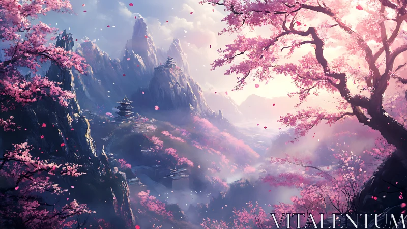Cherry blossom valley surrounds misty temples at sunrise.