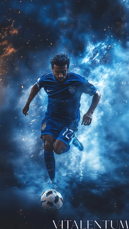 Electric blue footballer sprints through cinematic smoke and sparks