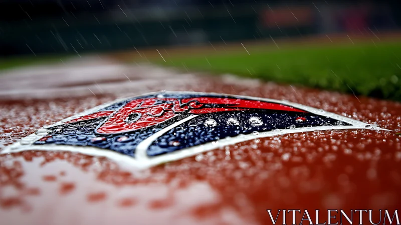 Baseball field logo surface captured in heavy rainfall