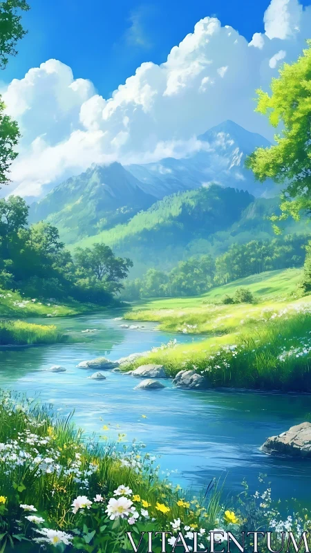 Mountain stream runs through sunlit valley under cloud formations