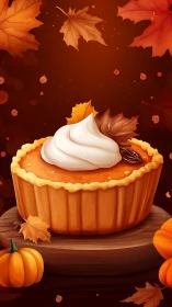 Pumpkin tart with cream topping amid scattered autumn leaves.