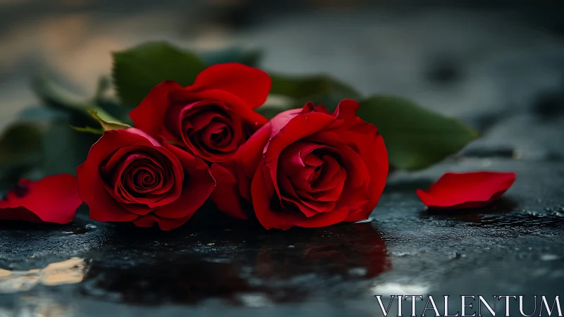 Three Radiant Red Roses Rest on Wet Stone