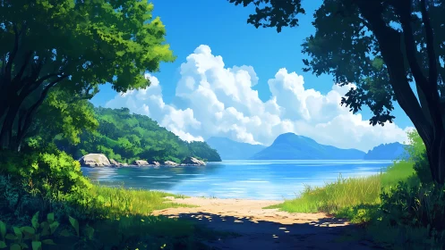 Serene Tropical Beach Framed by Ancient Forest Trees and Ocean Vista