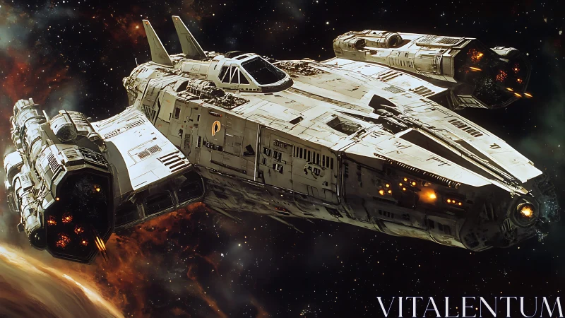 Massive starship cruises through a glowing deep space nebula